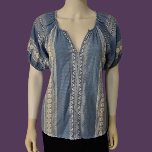 IVY JANE Blue Embroidered Split Neck Puff Sleeve Peasant Boho Top - Picture 1 of 9